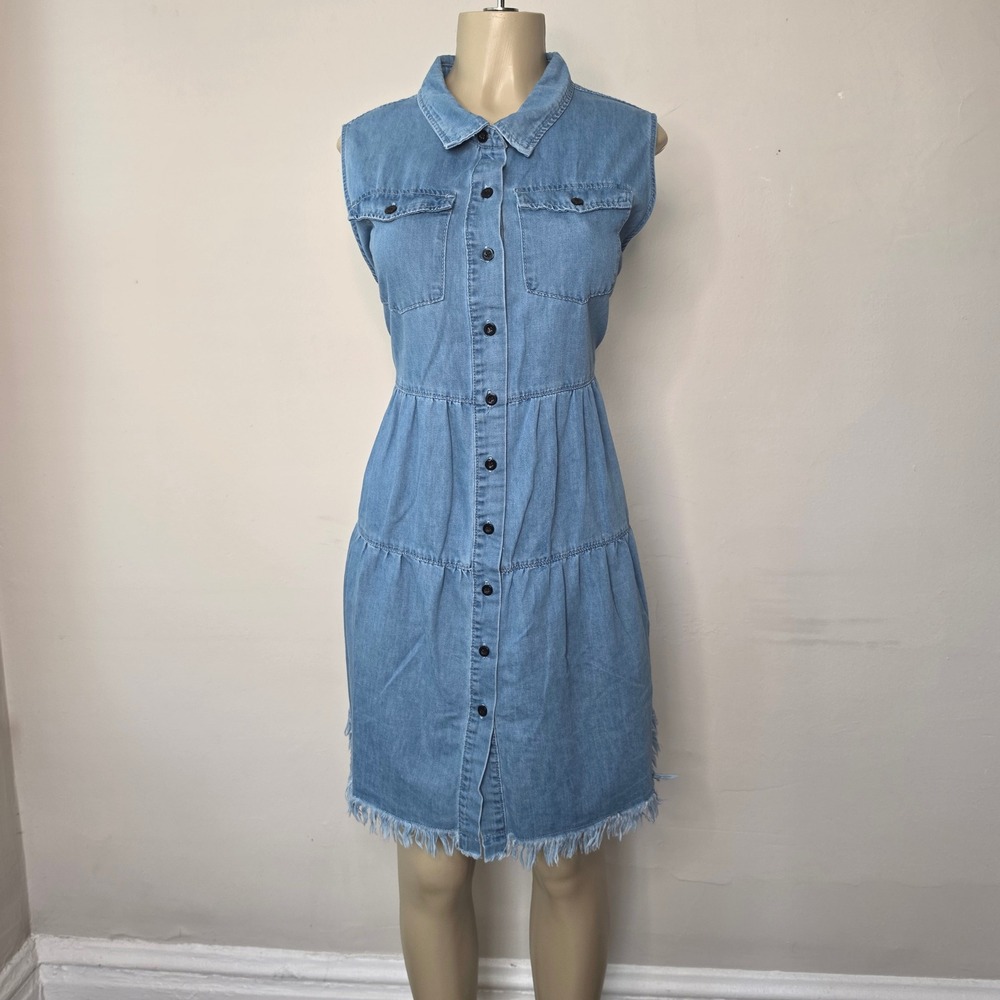 Luvamia Shirt Dress Womens XL Blue Denim Tiered Sleeveless Frayed Hem Western